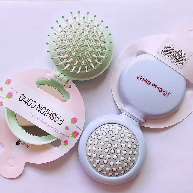 New Candy Color Folding Comb with Mirror Small Portable Travel Anti-static Folding Air Cushion Massage Combs Hair Care Brushes Quake