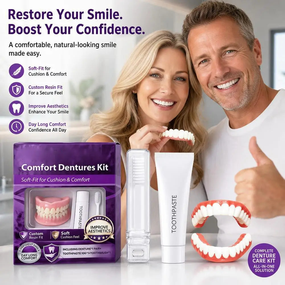 Adult Full Set Silicone Dentures Natural Upper Lower False Teeth Soft Comfort Fit Instant Smile Oral Cosmetic Accessories Quake