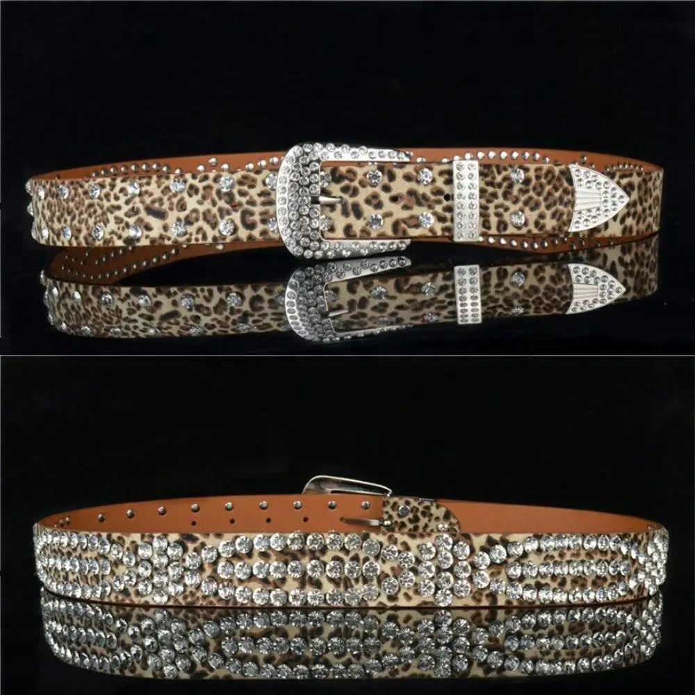 Women Adjustable Studded Rhinestone Belt PU Leather Bling Crystal Waistband Quake