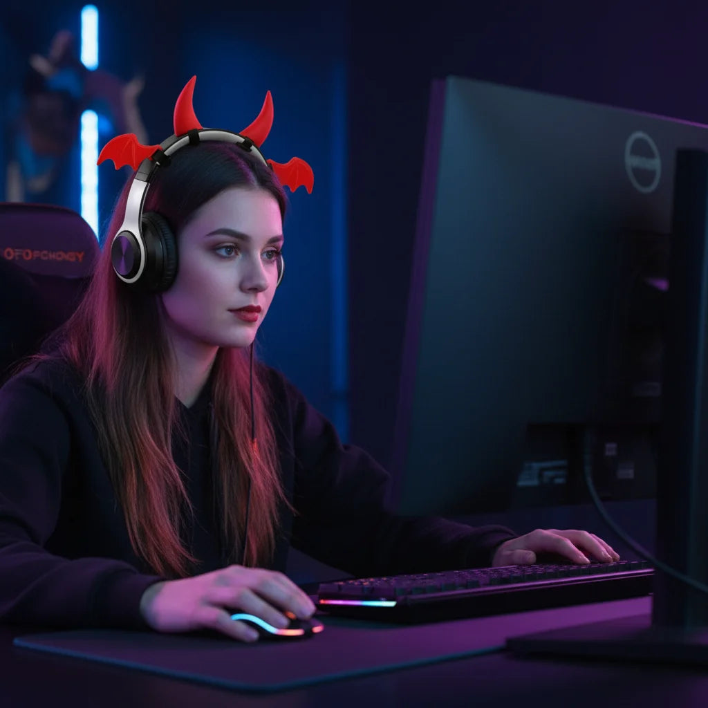 1Set 3D Devil Horns and Wing Headphone Decorations,Cool Devil Horns and Wing Headset Decor Frosted Texture for Any Headphones Quake