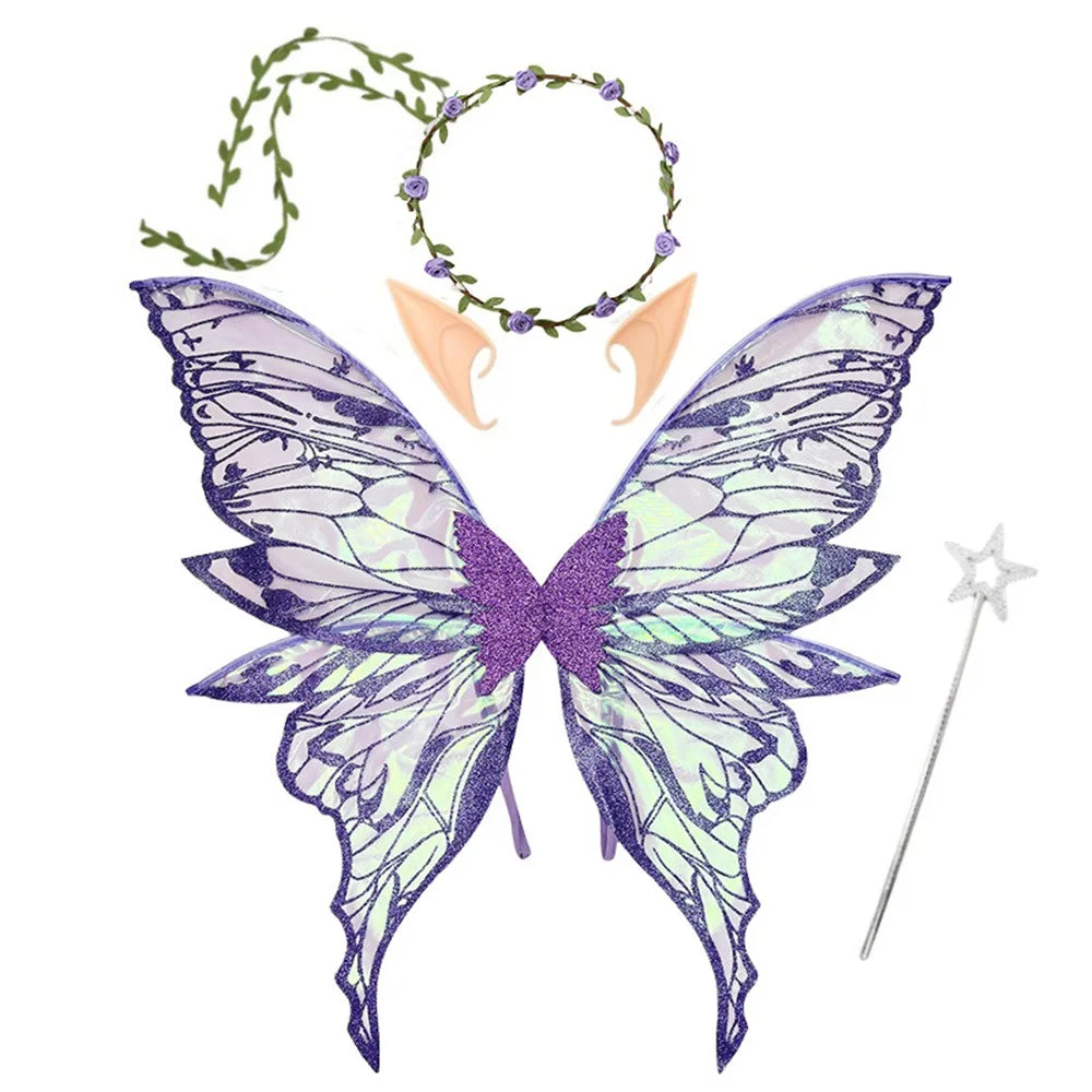 Flower Crown Fairy Costume Set Star Wand Gold Foil Fairy Butterfly Wings Dress-Up Elf Ears Sparkling Angel Wings for Kids Adults Quake Purple