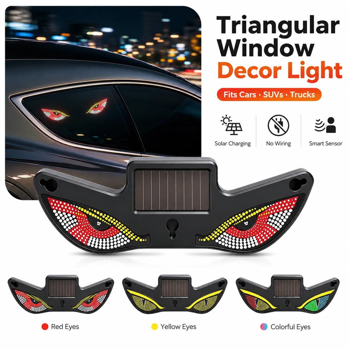 Solar Powered Car Neon Light Wireless LED Demon Eye Window Lamp Type C Rechargeable Suction Cup Interior Atmosphere Decor Quake
