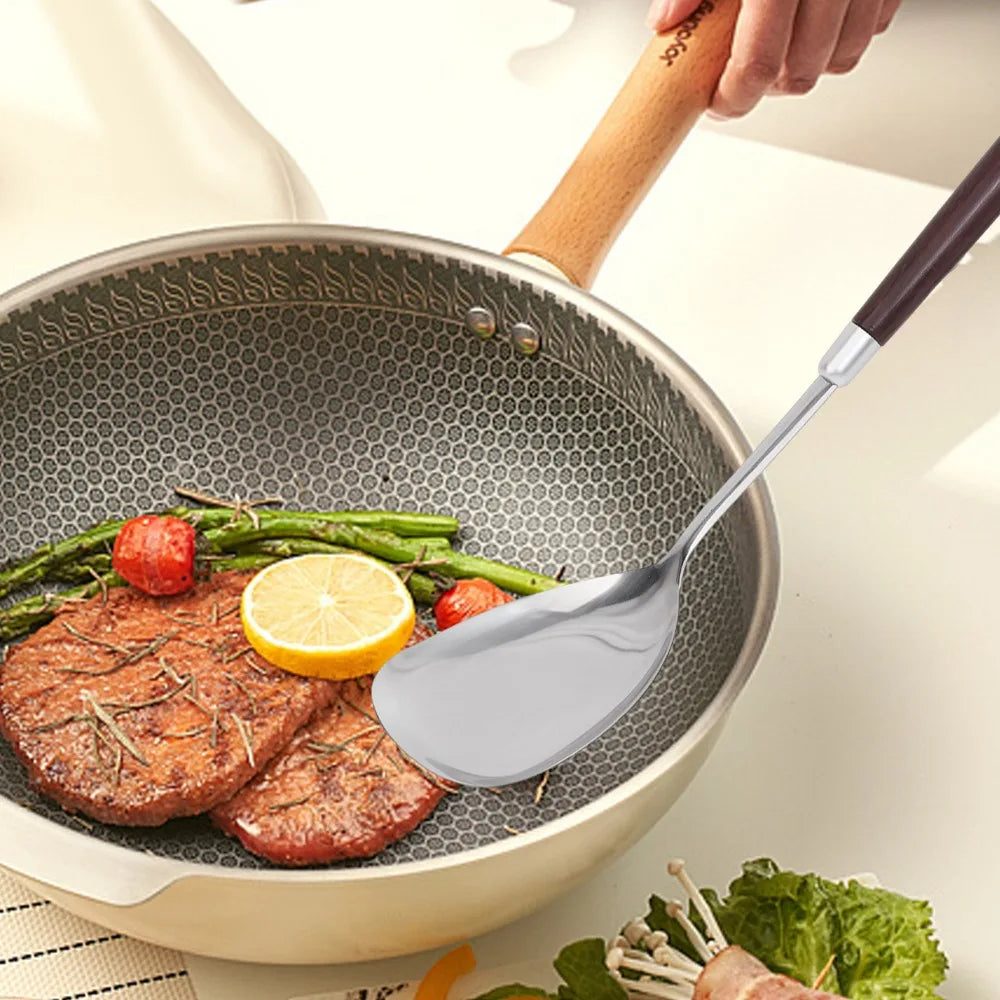 Stainless Steel Wood Handle Shovel Fried Fish Spatulas Steak Shovel Household Spoon Anti-hot Soup Spoon Kitchen Cooking Utensils Quake