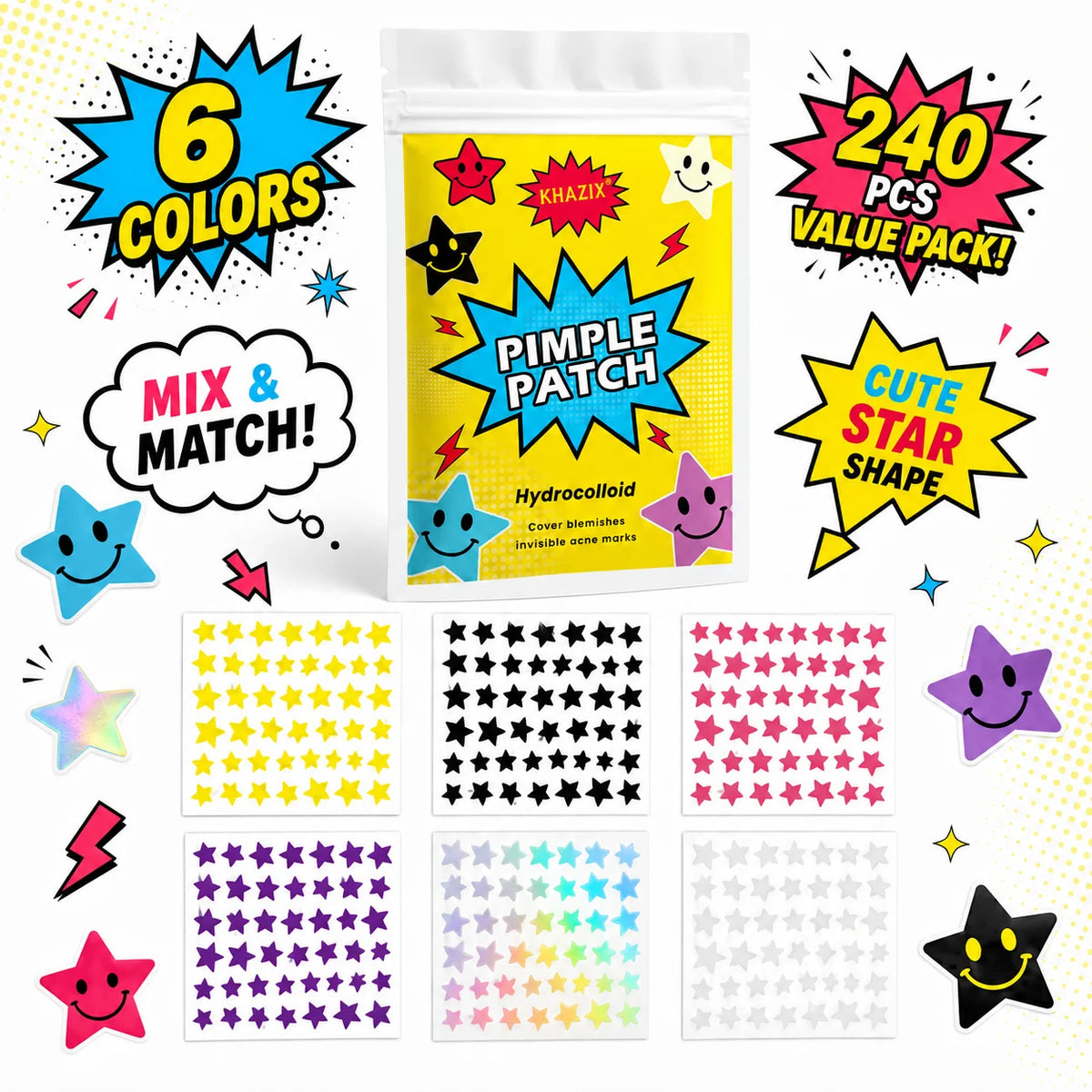 240pcs Star Pimple Patches For Face Hydrocolloid, Absorbing Cover, Tea Tree, Hydrocolloid Acne Patch, Cute Star Pimple Patch Quake