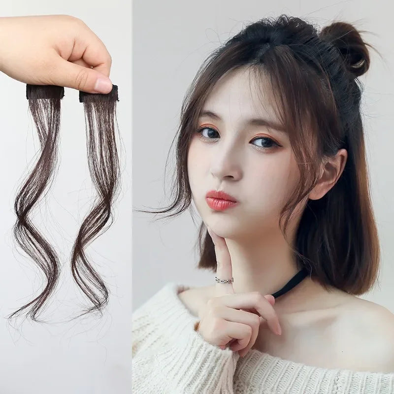 New 2pcs 25cm Long Air Bangs Wavy Curly Clip In Fringe Bangs Wig Front Side Bangs For Women Synthetic Hairpiece Hair Extensions Quake 2pcs dark brown