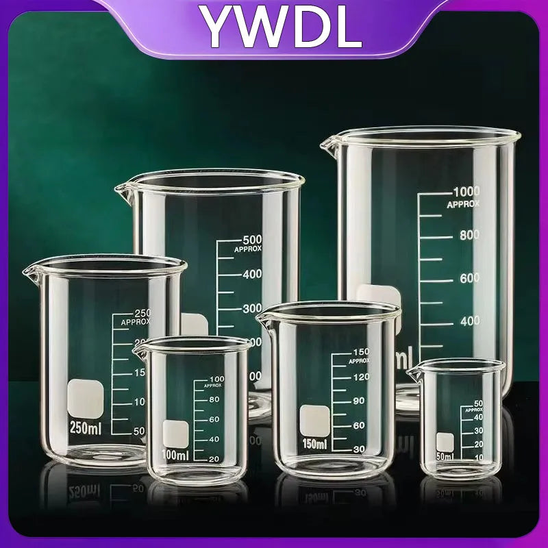 YWDL Heat Resistant Borosilicate Glass Beaker Measuring Cup Thick Glass Measuring Jug for Lab & Kitchen Multiple Capacity Quake