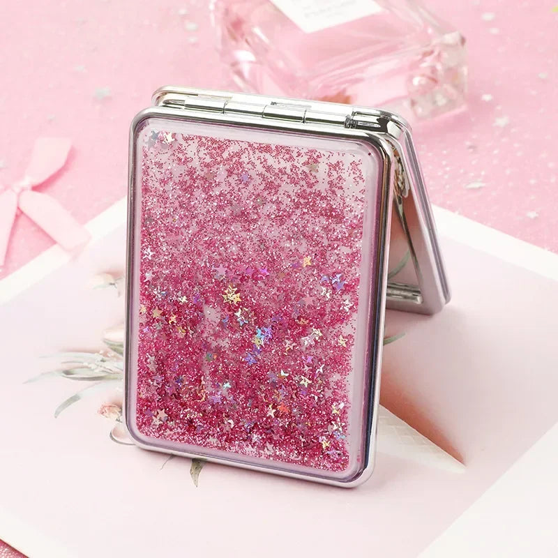 Portable Double-Sided Folding Makeup Mirror Women Gifts with Flowing Sparkling Sand Mini Cosmetic Mirror Compact Pocket Mirrors Quake square pink
