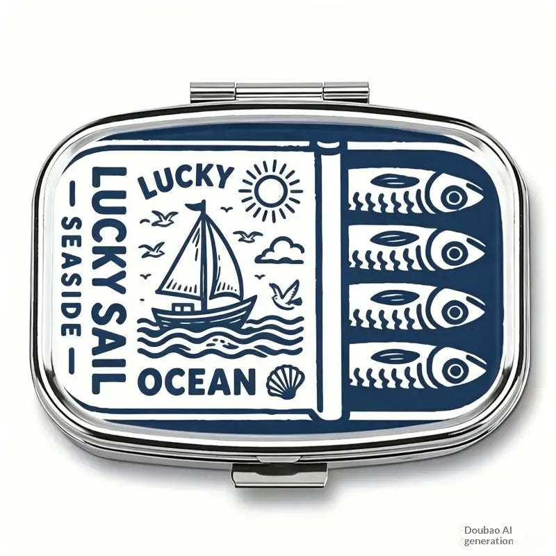 1Pcs 2-Compartment Retro Sardine Print Pill Box Metal Mini Organizer For Women Travel Jewelry Medicine Candy Storage Quake A15