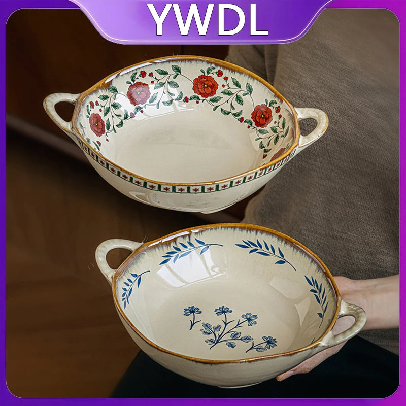Vintage Floral Double Handle Ceramic Bowl Microwave Safe Salad Soup Bowl Porcelain Noodle Pasta Bowl Home Kitchen Tableware Quake