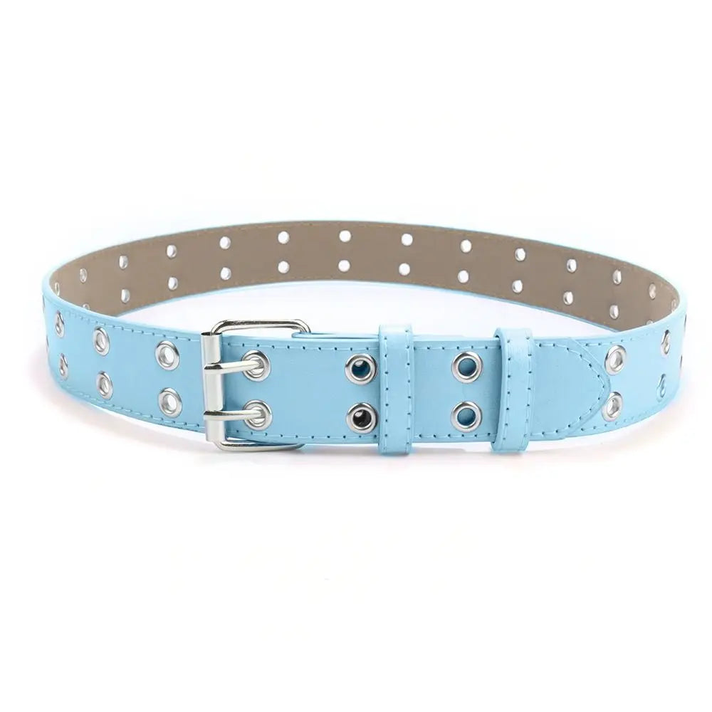 Fashion Punk Waistband PU Leather Double Holes Waist Strap Metal Pin Buckle Solid Color Decoration Belt Children Quake blue