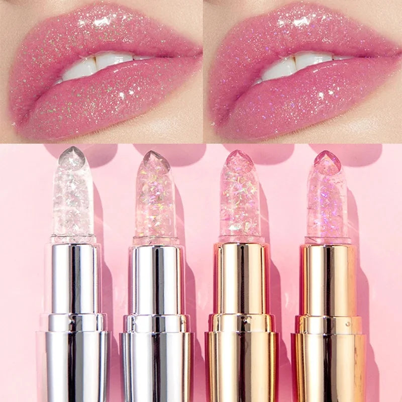 QIBEST Glitter Lipstick Lip Balm Color Change Transparent Moisturizing Crystal Jelly Pearlescent Lip Plumper Gloss Tint Cosmetic Quake