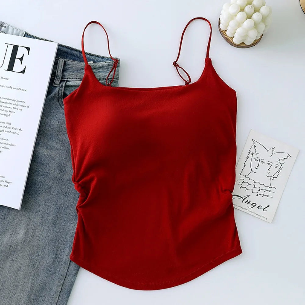 Sweet Sleeveless Suspender Vest Slim With Padded Cups Camisole Underwear Short Vest Sports Activities Quake Red One Size