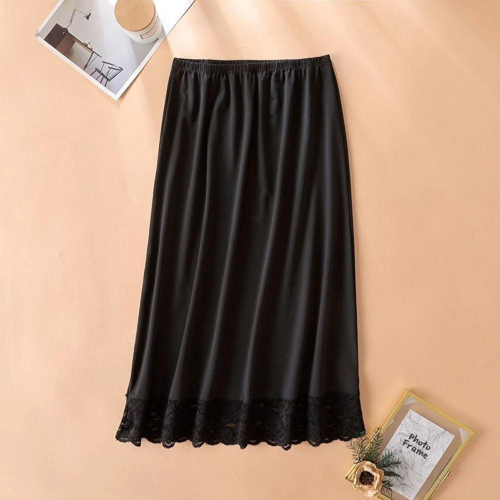 Thin Ice Silk Modal Female Half Length Skirt Anti-glare Lace Underskirt Anti-Penetrating Pure Color Half Slip Dress Petticoat Quake Black 70cm M