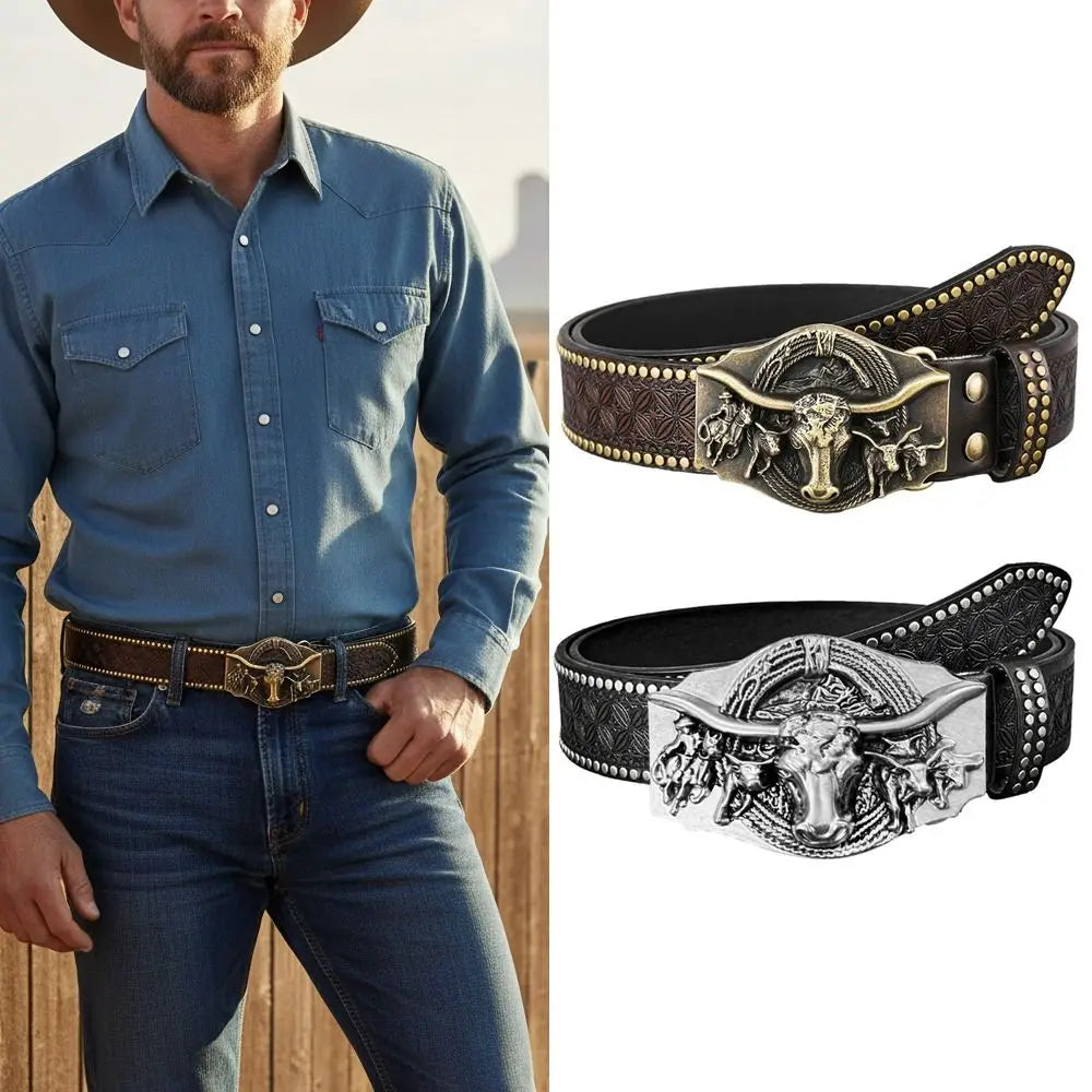 Fashion Western Cowboy Men's PU Leather Belt Luxury Design Trendy Brand Business Casual Belt Jeans Pants Belt Quake