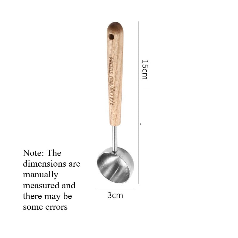 Wood‑Handle 304 Stainless Steel Measuring Spoon Scale Mark Coffee Powder Seasoning Baking Tool Measuring Spoon Quake L