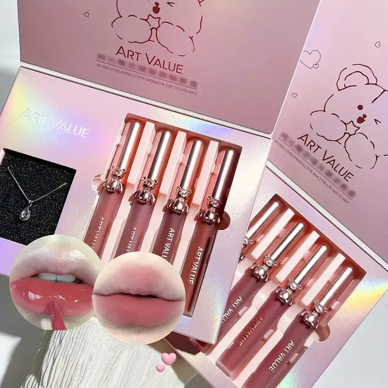 Cute Bear Lip Mud Necklace Set Gift Box,Matte Mirror Lipstick Non-Stick Cup,Ideal Jewelry and Makeup Set,Birthday Gift for Girls Quake