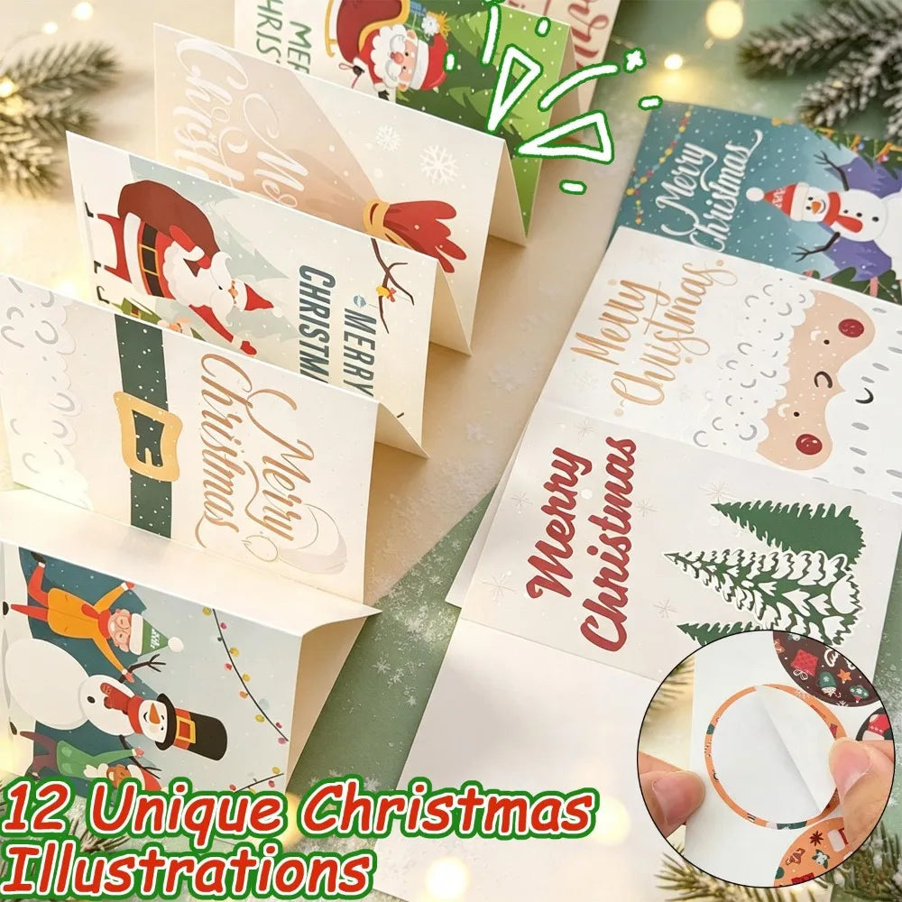12pcs/set Merry Christmas Fold Greeting Cards with Envelopes Xmas Party DIY Gift Card New Year Decorations Gift Message Cards Quake