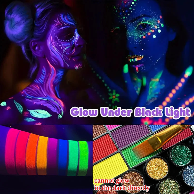 42 Colors Water Soluble Face Body Painting Set UV Neon Glitter Face Paint Art Halloween and Christmas Party Body Paint Makeup Quake