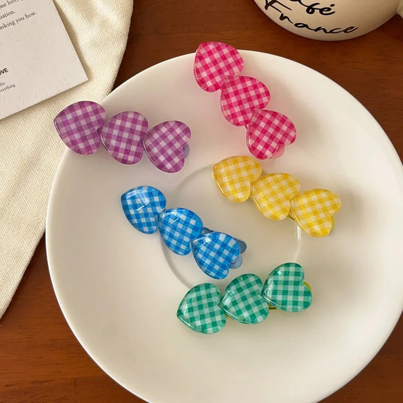Solid Color Heart Plaid Hair Clip for Girls Sweet Hair Decorate Kawaii Hairpin Hairgrip Barrettes Kids Lovely Hair Accessories Quake