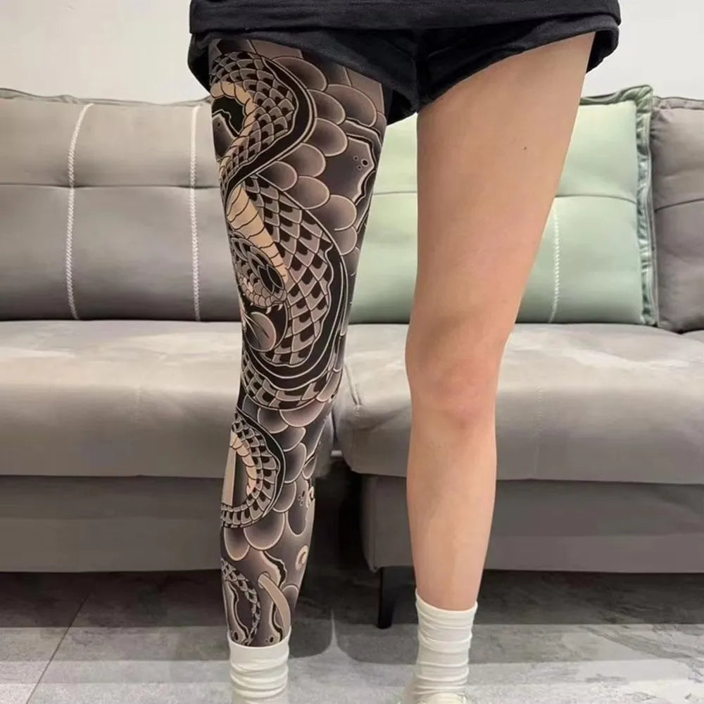 Full Leg Fake Tattoo Socks Printed Tights Cycling Fishing Elastic Socks Sun-proof Cool Personalized Driving Sexy Stockings Quake One Size 2