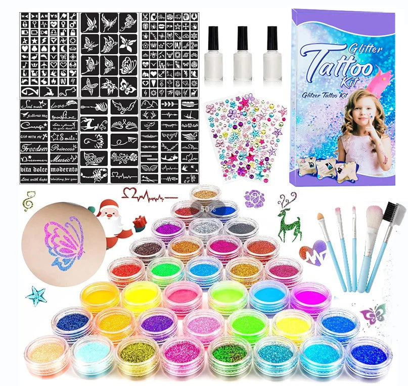Temporary Glitter Tattoo with Stencils 30 Glitter Colors Adults Kids Body Arts Glitter Make Up Kit Gifts for Girls Boys Birthday Quake Tattoo Set