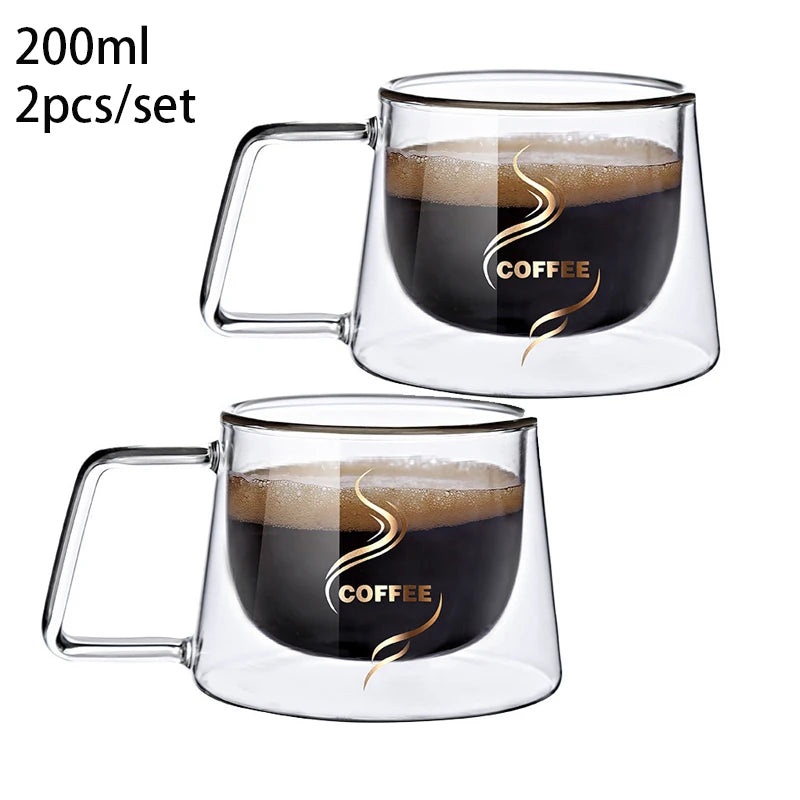 YWDL 2pcs 200ml Double Wall Glass Coffee Mug Heat-resistant Espresso Cup Thermo Insulated Cup Tea Water Drinkware Set Quake A Patterned 2pcs 200-220ml
