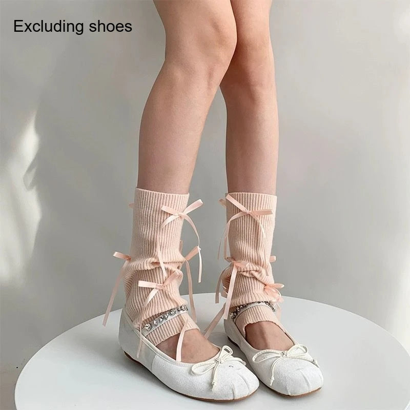 A Pair of Ballet Style Sweet Lolita Socks with Knitted Bow and Mid Leg Socks Paired with Lolita Clothing Quake C one size fits all