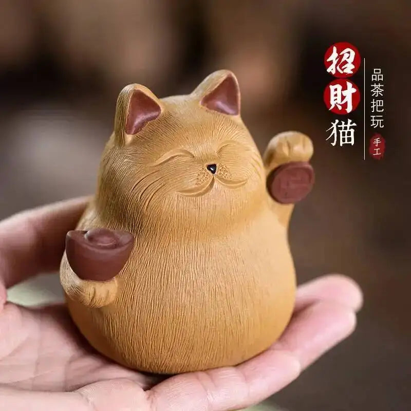 Zisha Tea Pet Cat Ornament Sculpture Zhaocai Cat Tea Pet Tea Mat Accessories Ceramic Tea Pet Quake