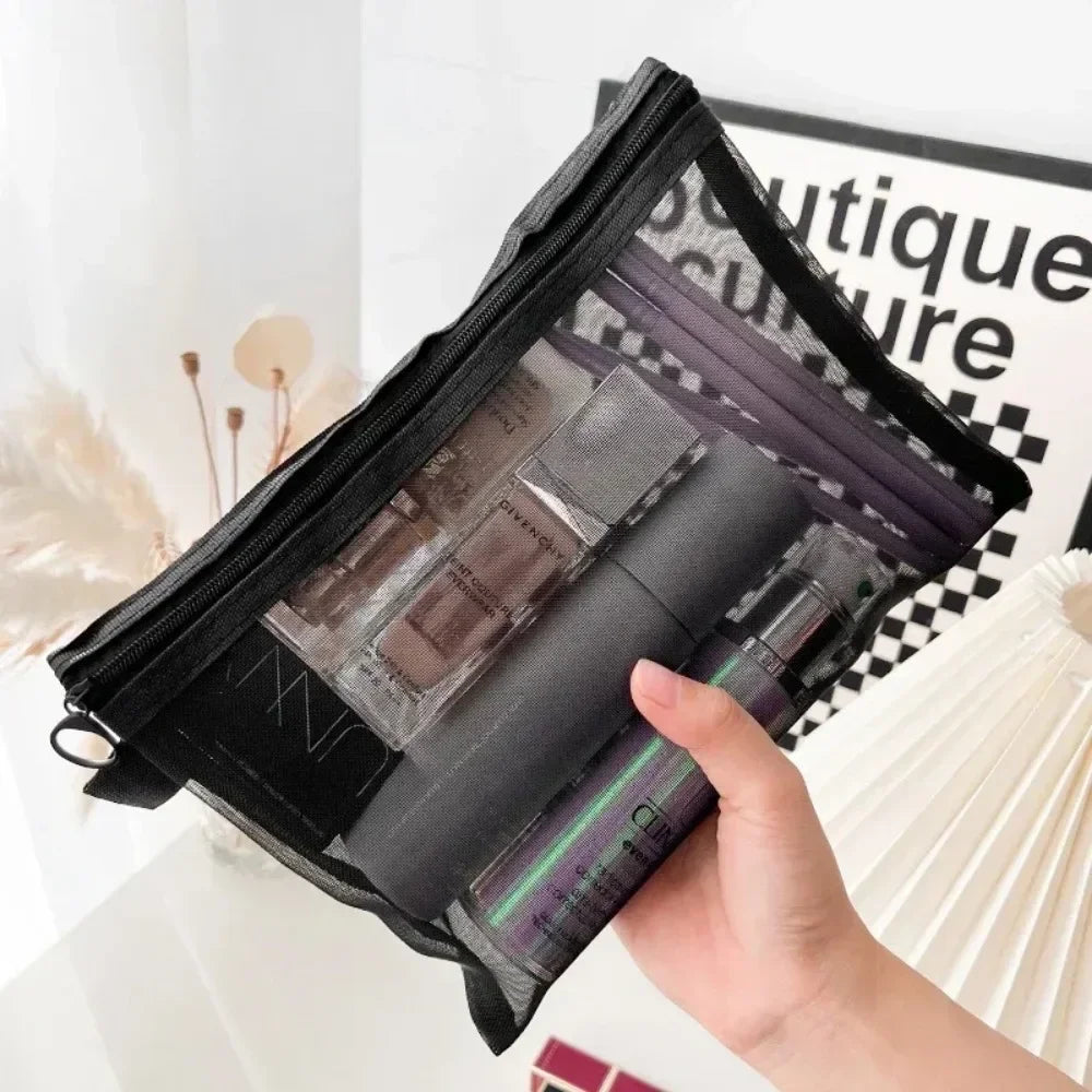 12/1PCS Black Mesh Cosmetic Bag Large Capacity Transparent Makeup Bag Portable Travel Toiletry Organizer Lipstick Storage Pouch Quake