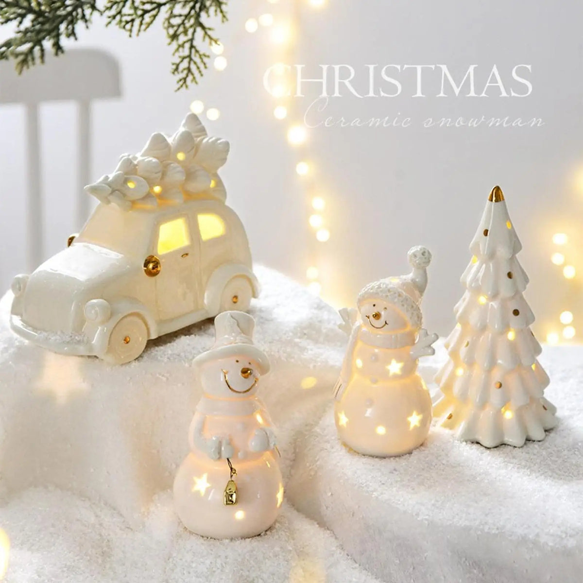 LED Light Christmas Decoration White Ceramic Christmas Tree Ornaments car Shaped Xmas decor Christmas Gifts Tabletop decor Quake