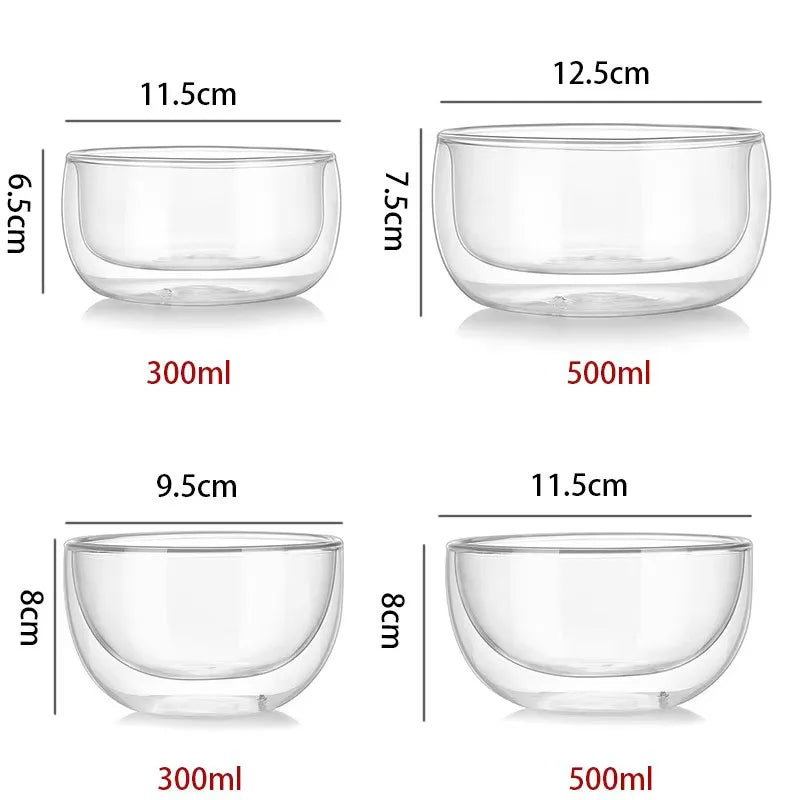 YWDL Double Wall Glass Bowls 300ml/500ml High Borosilicate Dessert Bowl Serving Bowls for Salad Yogurt Ice Cream Soup Quake