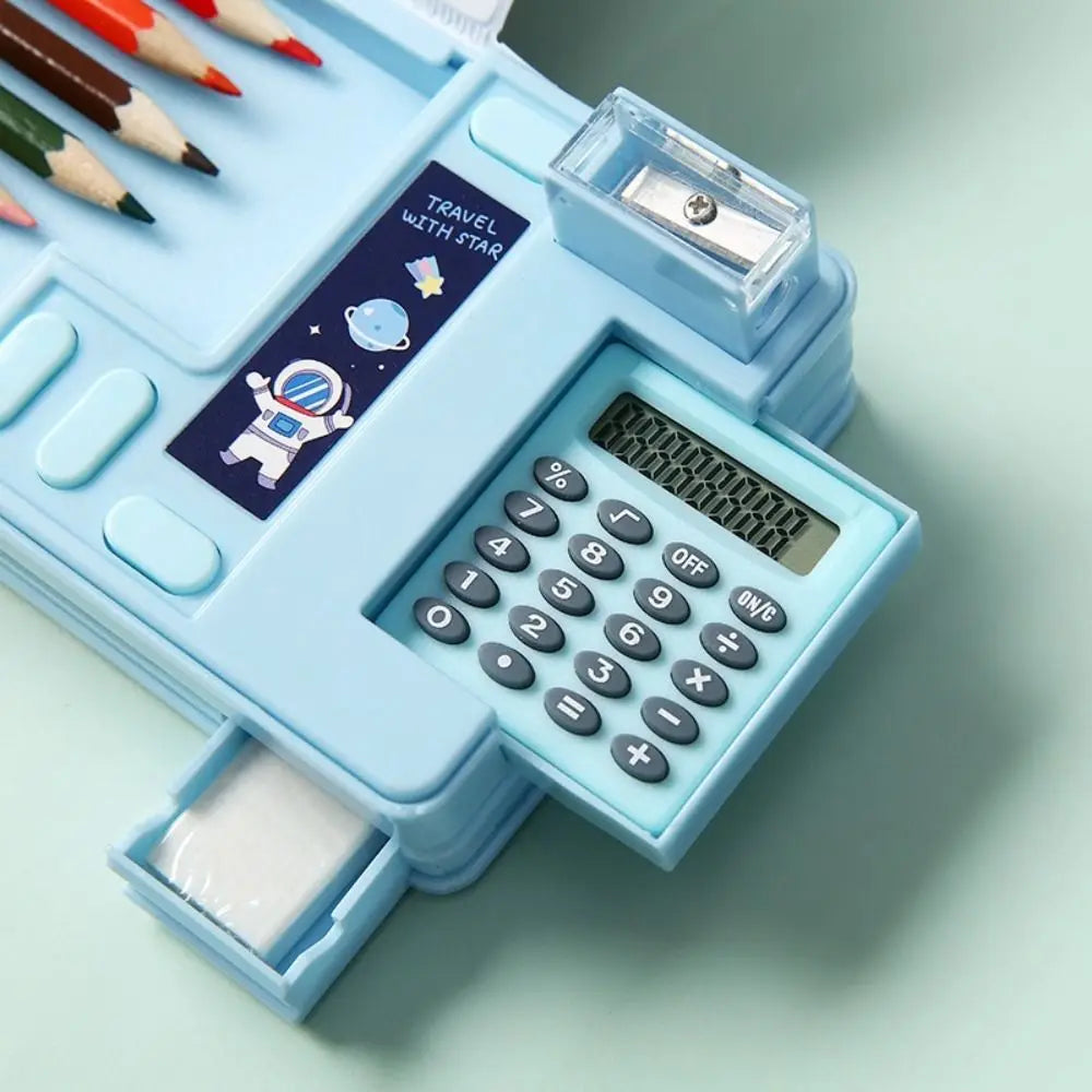 Plastic Pencil Case Fun Mechanism Design Double Sided Use Stationery Storage Box Large Capacity With Calculator/Pencil Sharpener Quake