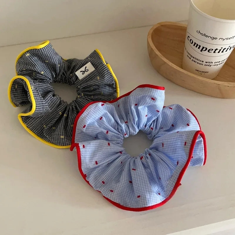 Retro Colorful Ruffles Hair Scrunchies Plaid Headbands for Womens Girls Sweet Romance Hair Ropes Rubber Bands Hair Accessories Quake
