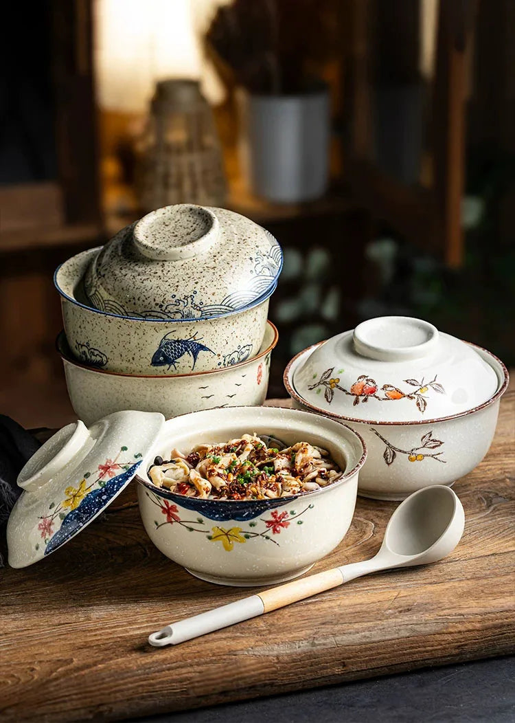 YWDL 750ml Japanese Style Ceramic Bowl With Lid Vintage Soup Bowl Microwave Safe Ramen Rice Serving Bowl For Home Kitchen Quake