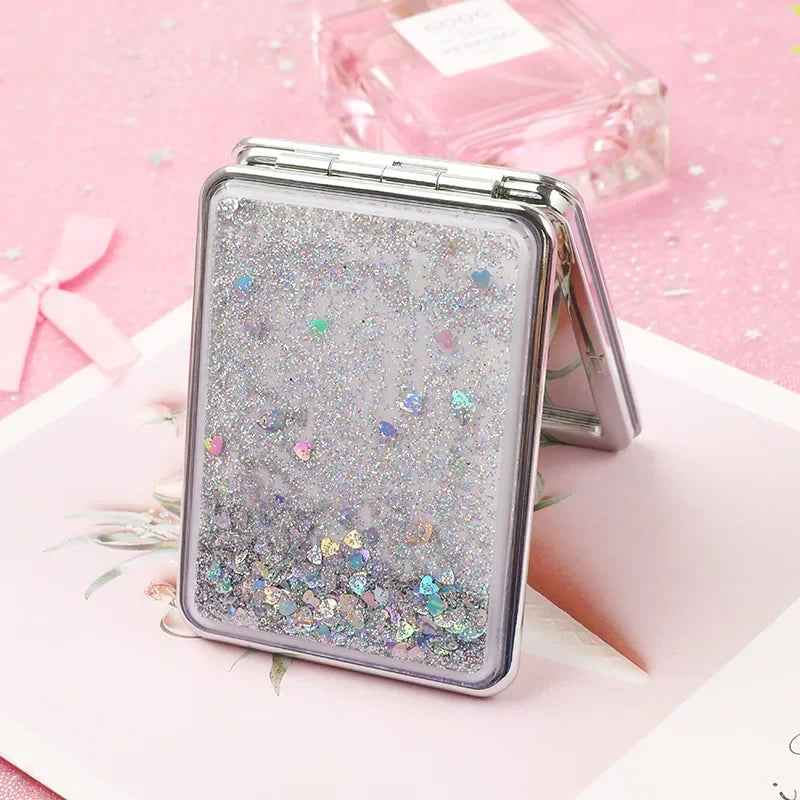 Portable Double-Sided Folding Makeup Mirror Women Gifts with Flowing Sparkling Sand Mini Cosmetic Mirror Compact Pocket Mirrors Quake square sliver