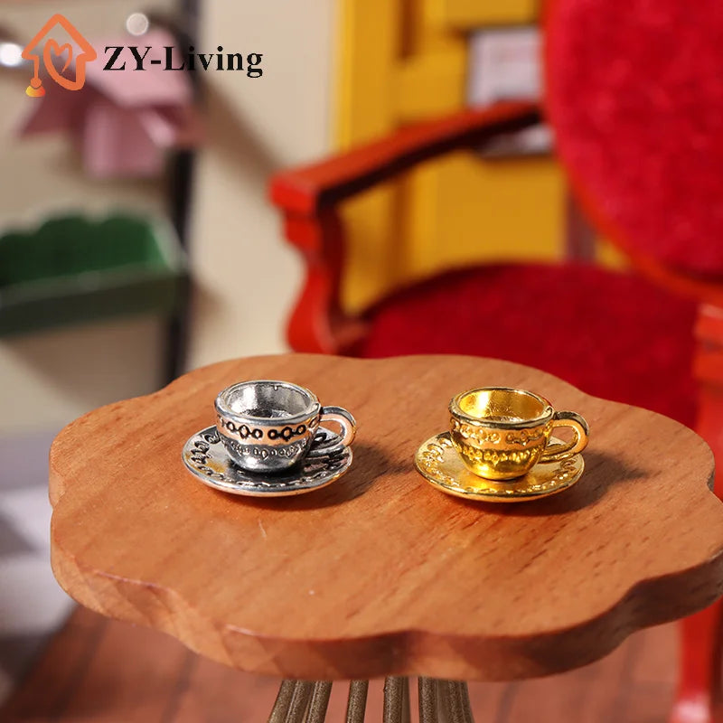 1Set 1:12 Dollhouse Miniature Metal Teapot Cup With Saucer Mini Tea Set Kitchen Tableware Decor Toy Model Doll House Accessories Quake