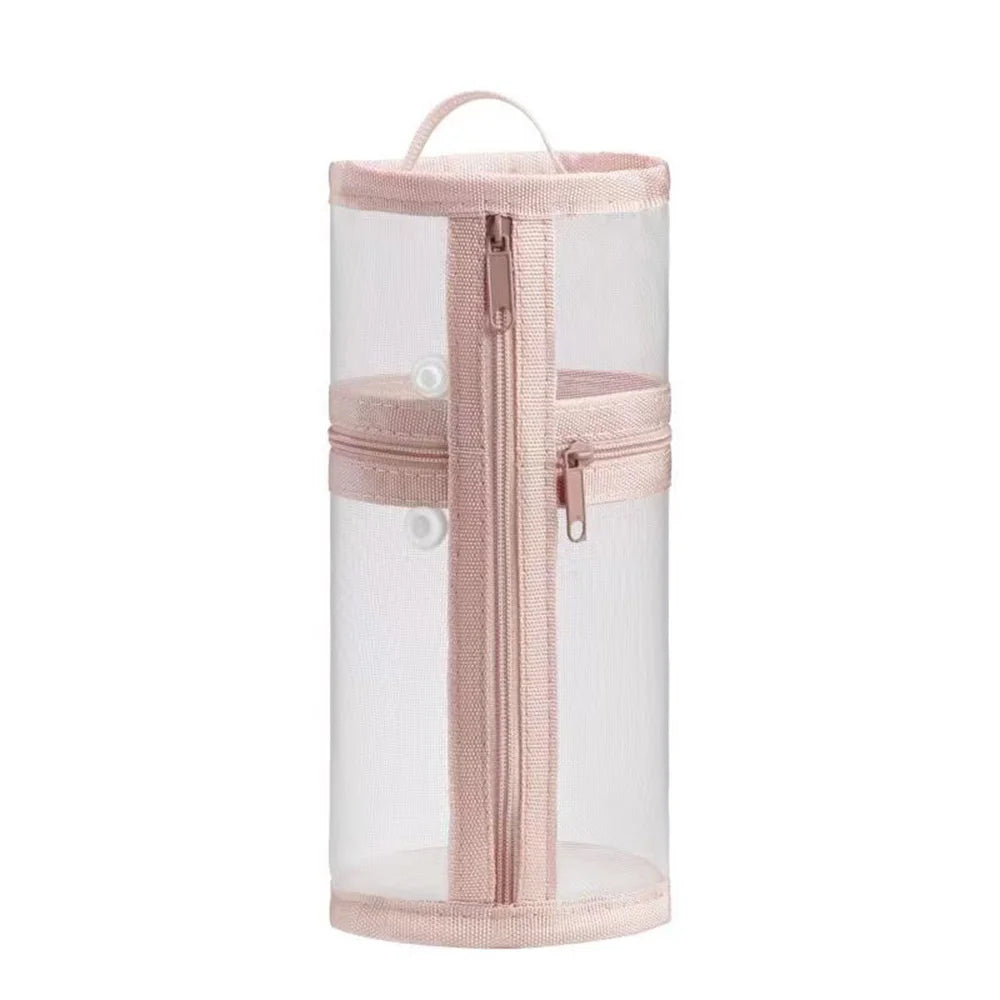 Mesh Dual-use Makeup Brush Storage Bag Portable Brush Case Simple Large Capacity Brush Bucket Holder Travel Stand-up Pouch Quake Pink