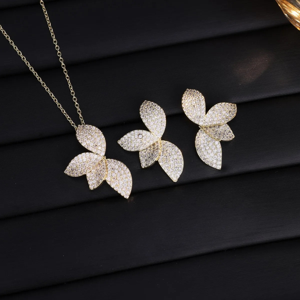 ZAKOL Luxury Full Shiny Micro Zircon Leaf Earrings&Necklace Set AAA CZ Symmetric Wedding Party Jewelry for Women Quake Gold Color 2pcs
