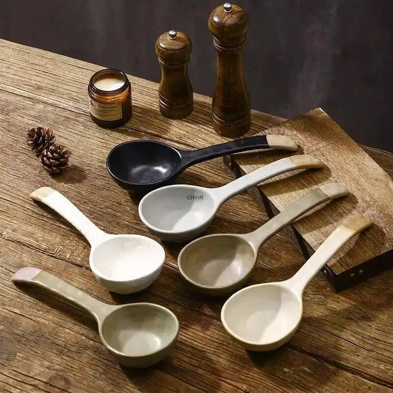 Rustic Ceramic Serving Spoon Long-handled Soup Spoon Large Spoon Ceramic Tableware Quake