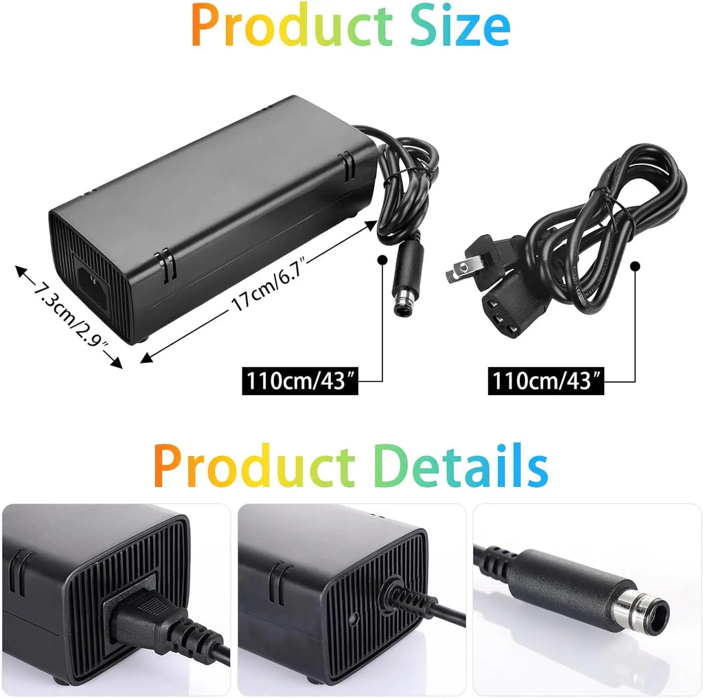 For Xbox 360 E, Power Supply Brick with Power Cord, AC Adapter Power for Microsoft Xbox 360 E Console, 100-240V Quake