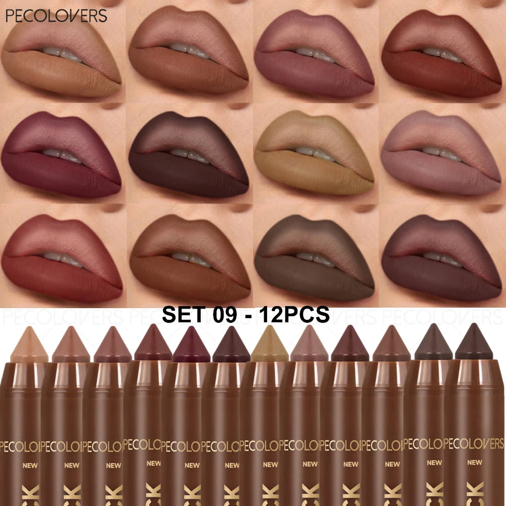 12 Pcs/SET Elegance Matte Lip Liner & Lipstick Pen, Long-lasting Non-sticky Waterproof for Precisely Depicting Lip Lines, Gift Quake SET 09