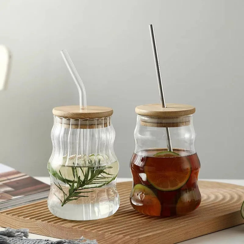 YWDL 1/2pcs 500ml Glass Tumblers Cups With Straw Mason Jar Clear Juice Coffee Milk Cup With Bamboo Lids Drinkware Quake