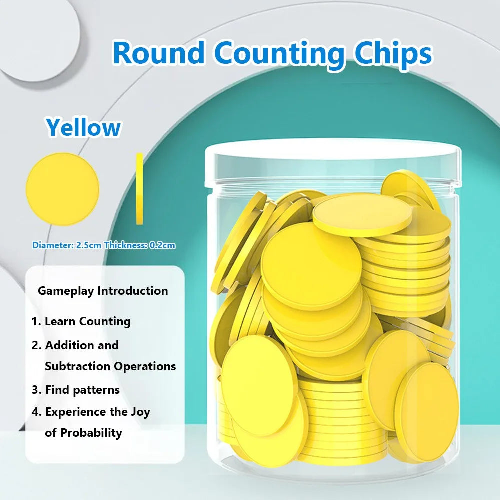 100pcs Plastic Counting Chips Addition Subtraction Operation Board Games Tokens Counting Toy Colored Round Teaching Tool Quake Yellow