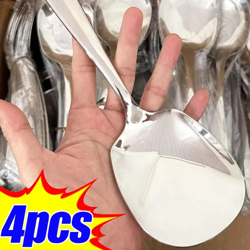 4/1Pcs Large Stainless Steel Spoon Long Handle Soup Spoons Round Scoops for Dinner Dessert Hot Pot Colander Kitchen Tableware Quake