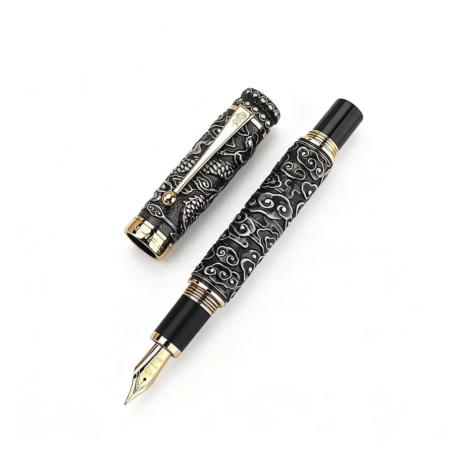Jinhao Luxury Embossed Dragon Cloud Fountain Pen Vintage Antique Metal Carved M Nib Business Gift Calligraphy Writing Ink Pen Quake