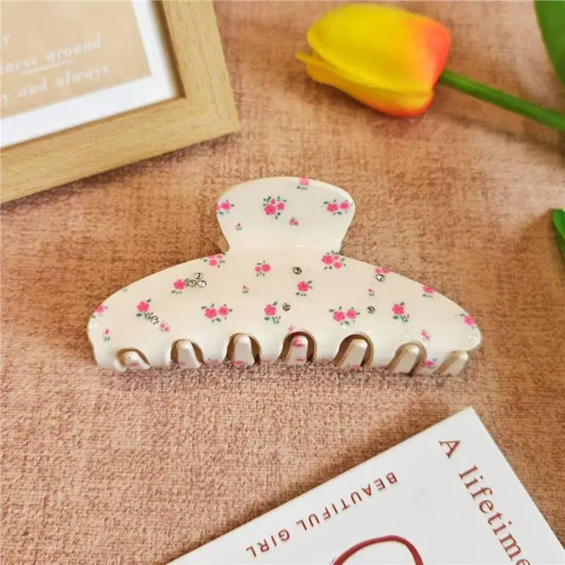 Acrylic Cherry Rose Print Hair Claw Sweet Rhinestone Women Girls Shark Clip Hair Crab Clip for Women Girls Elegant Accessories Quake pink 10.5cm
