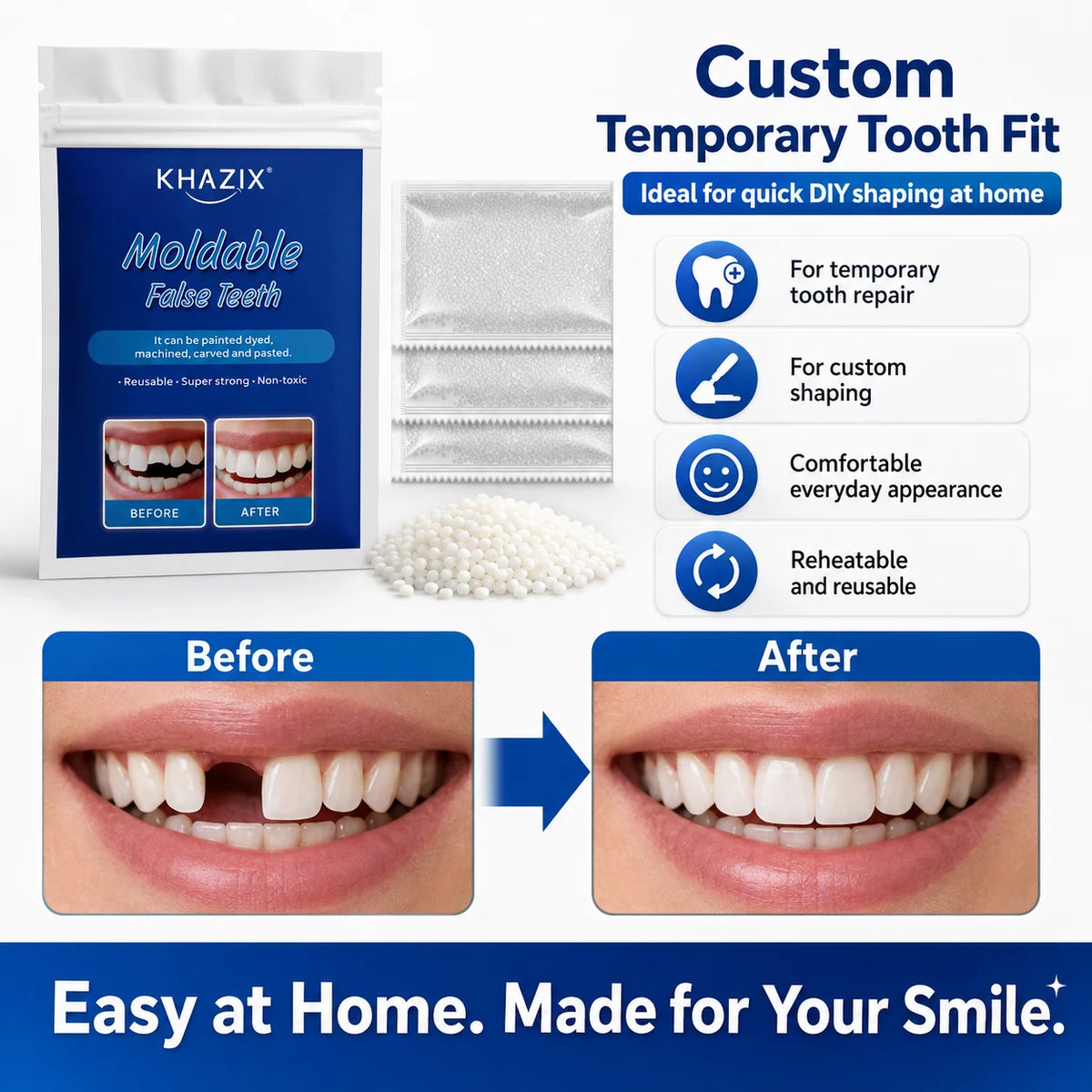 10g Temporary Teeth Beads DIY Cosmetic Smile Fix Moldable White Beads Easy to Shape for Natural-Looking Teeth Quake
