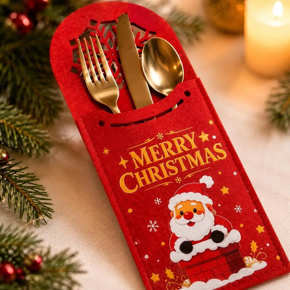 10/1PCS Felt Christmas Cutlery Holder Hollow Santa Claus Snowflake Pouch Xmas Fork Knife Spoon Bags Festive Table Decor Supplies Quake