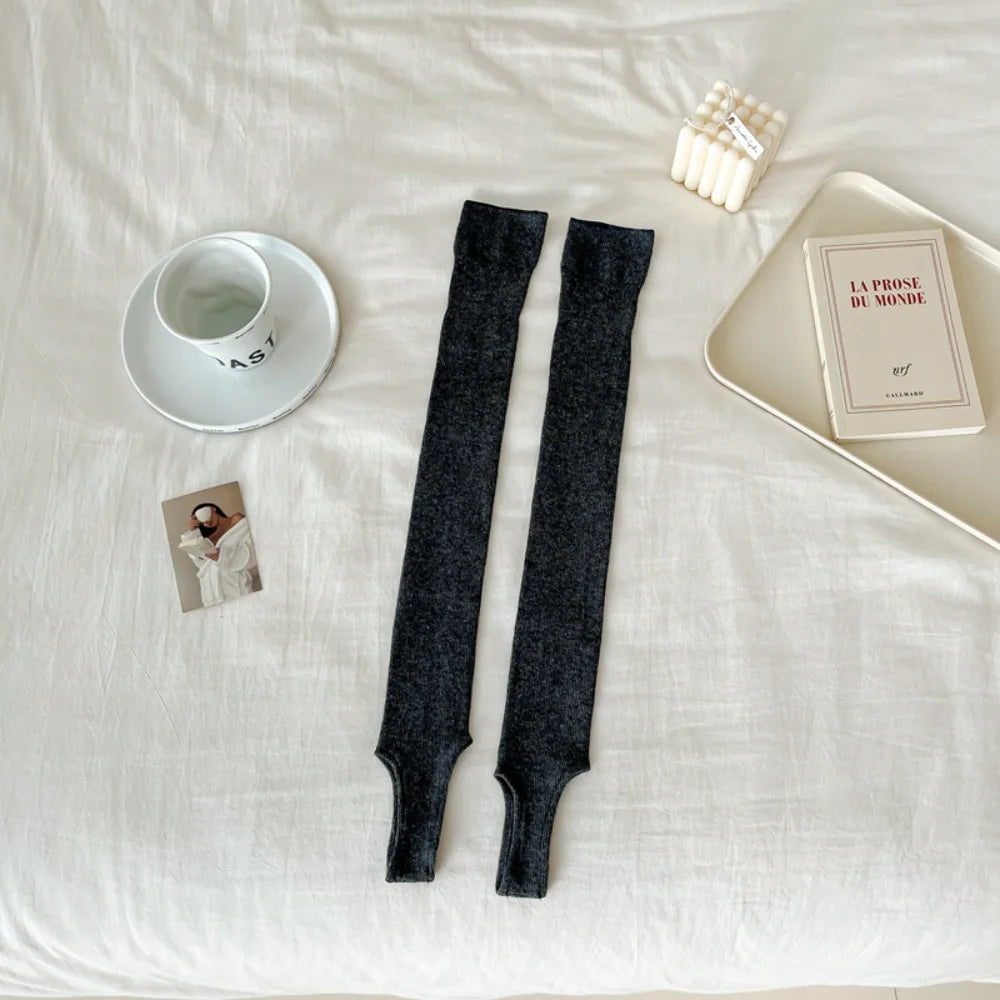 New Over Knee-High Women Stockings Thin Solid Color Long Knee Sock Breathable Cotton Long Knee High Socks Ladies Quake dark grey One Size