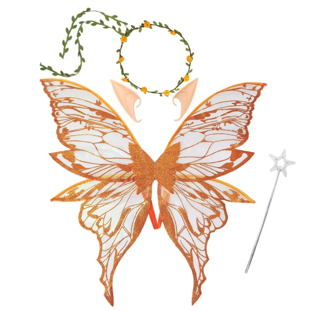 Flower Crown Fairy Costume Set Star Wand Gold Foil Fairy Butterfly Wings Dress-Up Elf Ears Sparkling Angel Wings for Kids Adults Quake Orange